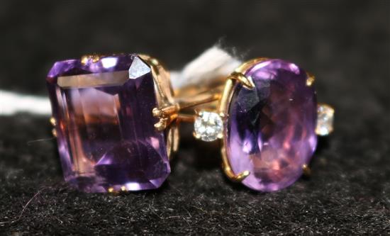 Amethyst and diamond ring and emerald-cut amethyst ring, yellow metal settings